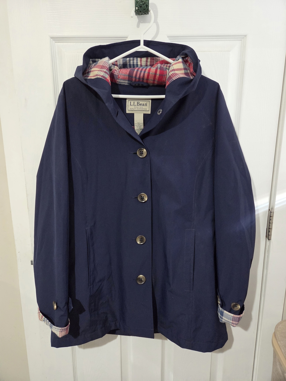 L.L. Bean Navy Hooded Coat Plaid Lining